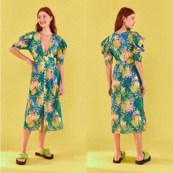 Farm Rio Star Fruit Puff Sleeve Midi Dress Size L NWT - Picture 1 of 15